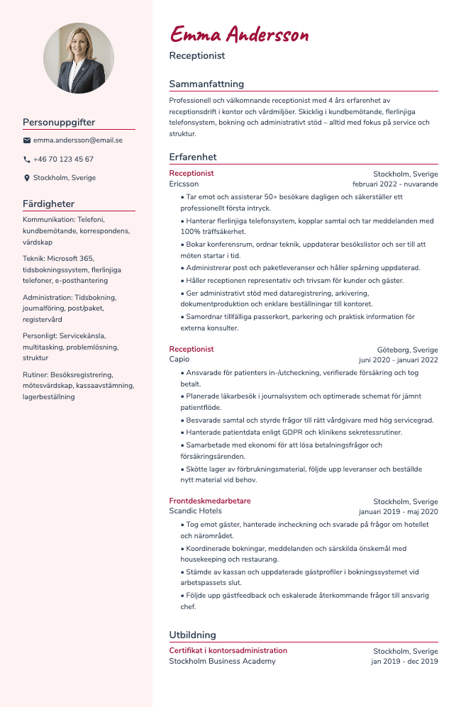 Receptionist CV